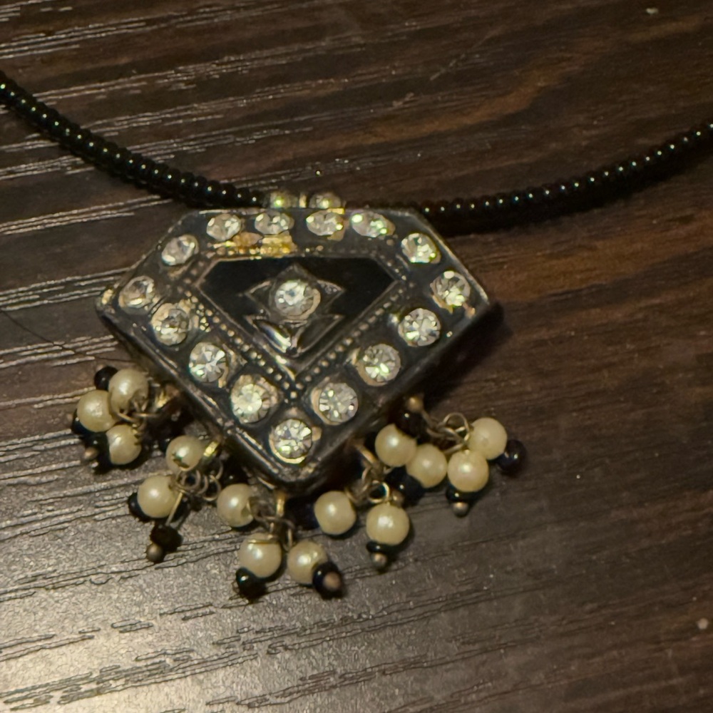 Black and White Pendant Necklace with Geometric Design and Rhinestones